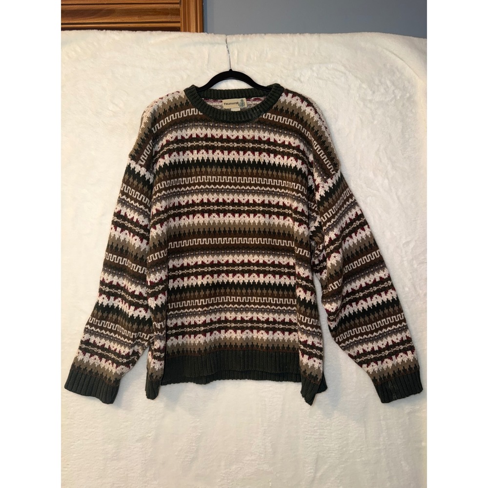Fieldmaster Mens‎ XXL Vintage Fair Isle Cotton Knit Sweater Green Brown USA Made